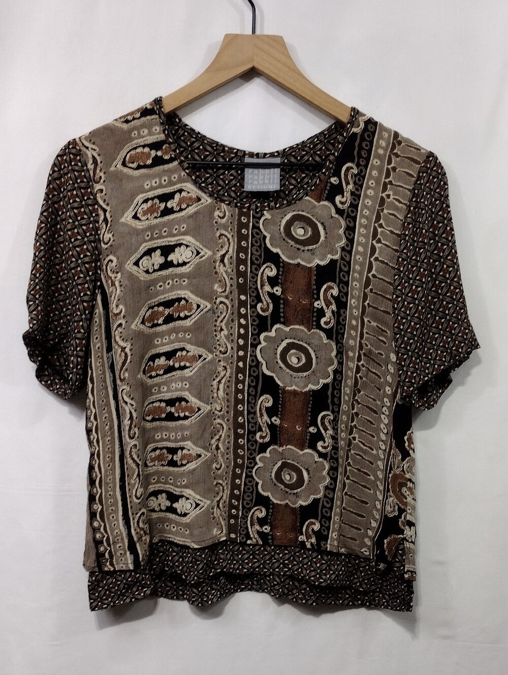 Rabbit Rabbit Rabbit Brown and Cream Patterned Blouse Skirt Set Womens 8M Boho